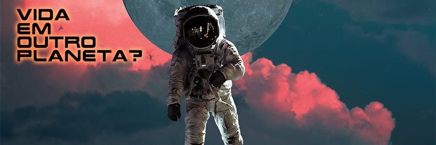 Um astronauta veste roupa branca , apoiado em nuvens. Ao fundo aparece uma lua 
